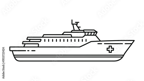 Sea Ambulance Vessel: An illustration of a sea ambulance vessel, designed for maritime medical assistance, showcasing essential features such as the prominent medical symbol and a sturdy build.