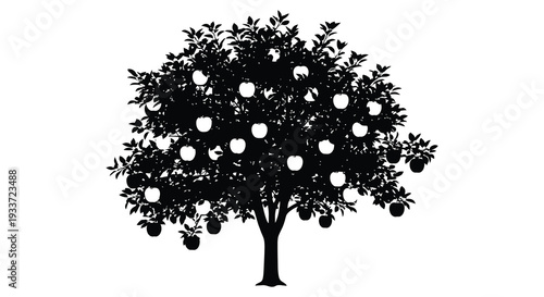 A detailed black silhouette of a full apple tree laden with fruit showcasing natural form silhouette high quality