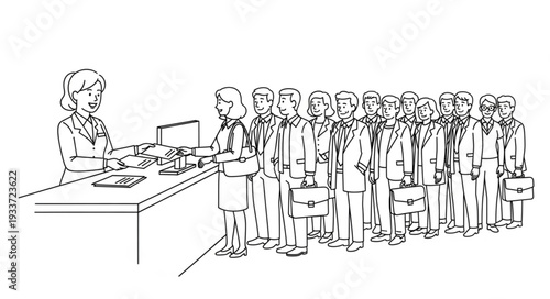 Woman Interviewing Men in Line.