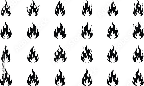 Set of black fire flame silhouettes collection, blazing flame icons isolated on white background, heat symbol illustration for logo design and warning signs