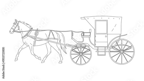 Vintage Carriage with Horse: A line art representation of a horse-drawn carriage, evoking a sense of history and classic transportation. Featuring a detailed depiction of the horse and carriage.