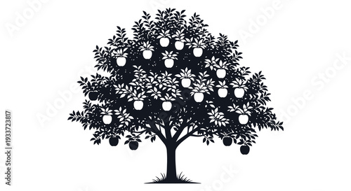 A stark detailed black silhouette of a fruit tree laden with apples creating a dramatic silhouette high quality