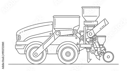 Agricultural Machine: A meticulously detailed illustration of a modern agricultural machine, designed for efficient planting and farming operations.