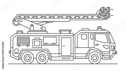 Fire Truck Illustration: A detailed black and white illustration of a modern fire truck, showcasing its design and equipment.