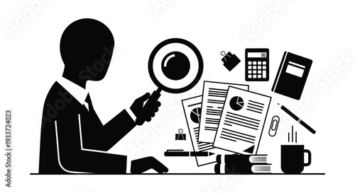 A business professional intently examines documents with a magnifying glass highlighting analysis and detail silhouette high quality