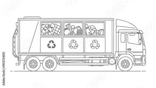 Recycling Truck: A detailed illustration of a recycling truck, showcasing its compartments designed for sorting different types of waste.