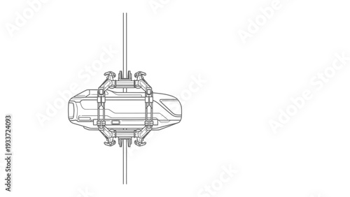 Futuristic Pod: A sleek, modern pod suspended between vertical supports suggests innovation and progress, inviting exploration of advanced transportation concepts.