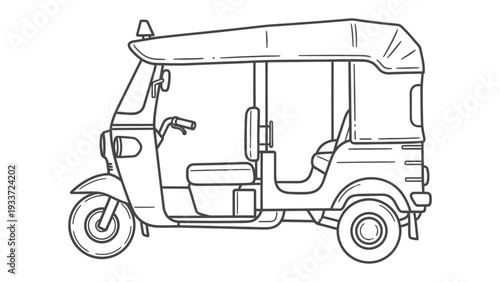 Line Art Tuk Tuk: This detailed line art of a Tuk Tuk, a classic three-wheeled auto rickshaw, embodies the essence of urban transportation, showcasing its distinctive design.