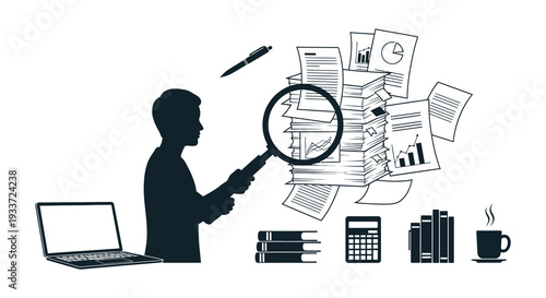 A businessman examines paperwork with a magnifying glass amidst office clutter a striking silhouette high quality professional detailed