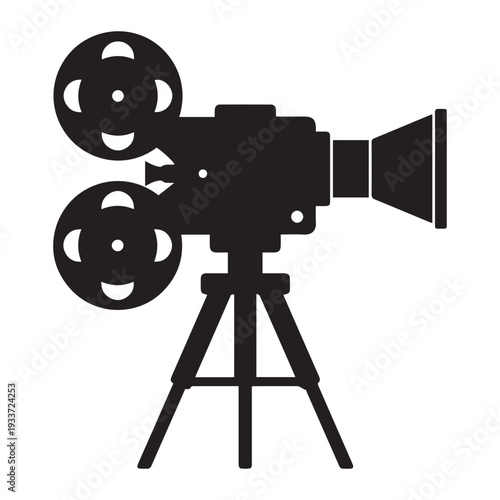 Vintage film projector on a tripod with two reels and lens housing Icon Silhouette vector black design on a white background