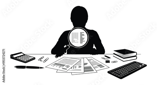 A person examines data and reports with a magnifying glass depicted as a stark silhouette high quality professional