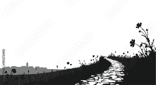 Winding cobblestone path leads towards distant town under bright sky