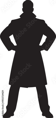 A confident and commanding silhouette of a man in a long coat, hands on hips, embodying determination, professionalism, and a powerful, authoritative presence for impactful design visuals