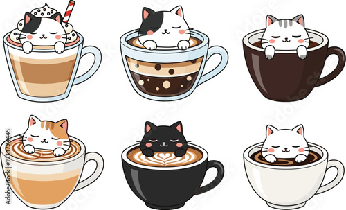 Cute cats in coffee cups collection, kawaii kittens sitting in latte and cappuccino mugs cartoon vector illustration set