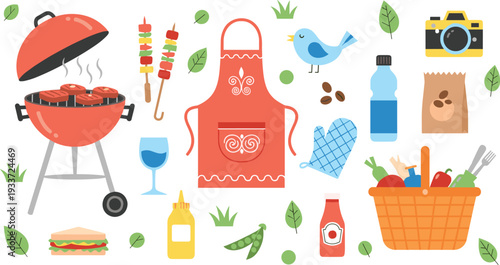 Summer barbecue and picnic elements collection, grill skewers apron basket food and outdoor cooking vector illustration set