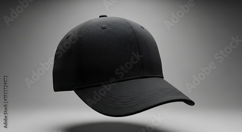 Black baseball cap floating in mid-air against a gradient gray background from a slightly elevated viewpoint
