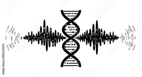 DNA helix surrounded by sound waves, representing genetic sound or audio science