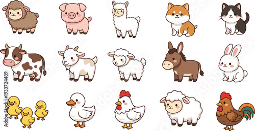 Cute farm animals collection, cartoon cow pig sheep goat horse chicken duck and rabbit vector illustration set