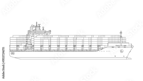 Global Shipping: A detailed schematic of a massive container ship, illustrating the intricacies of global trade and transport.