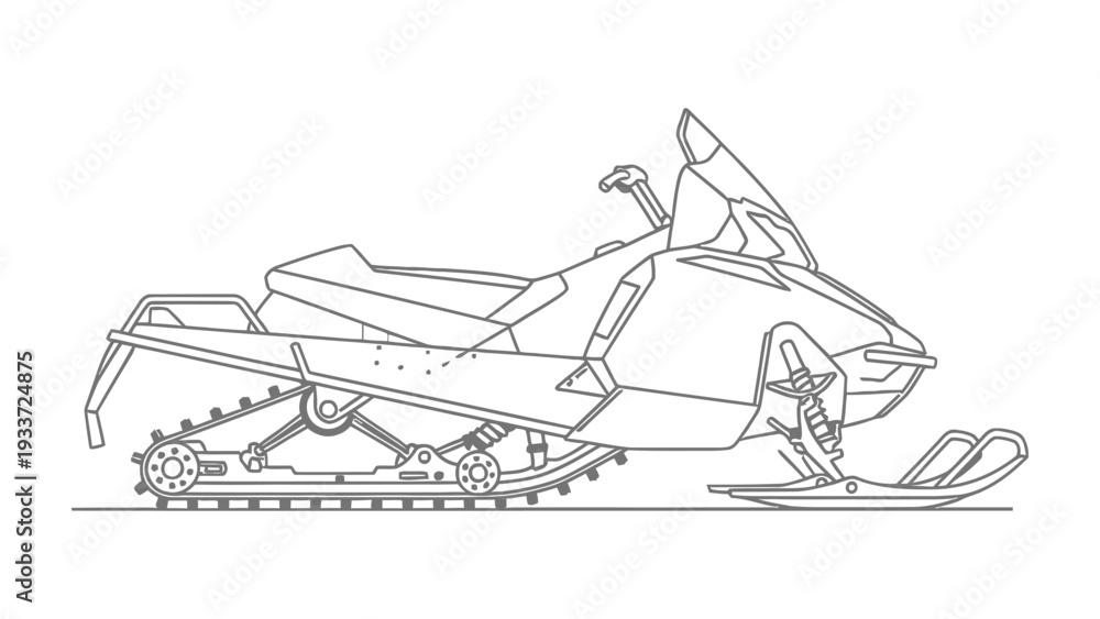Naklejka premium Snowmobile outline: A detailed outline of a snowmobile, ready for winter adventures, showcasing its design and components, it captures the essence of winter sports and exploration.
