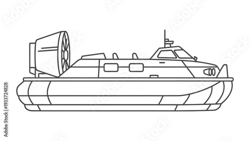 Hovercraft Vector Illustration: A detailed line drawing of a sleek hovercraft, showcasing its distinctive design and technological prowess.