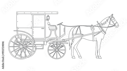 Carriage and Horse Silhouette: A detailed line drawing of a classic horse-drawn carriage, harnessed to a majestic horse, offering a glimpse into a bygone era.