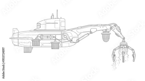 Submarine Robotics Exploration: This image showcases a detailed illustration of a futuristic submarine, designed with advanced robotic arms for underwater exploration and research.