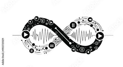 Infinite sound waves and playback controls symbolize endless audio possibilities and digital music.