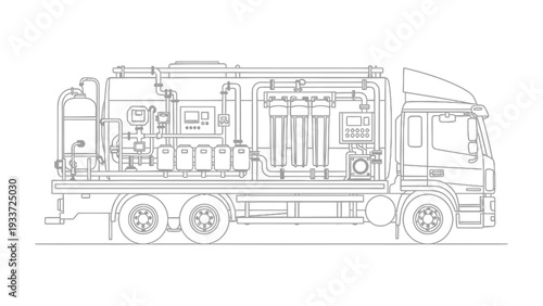 Advanced Water Purification Truck: A detailed illustration showcases the internal workings of a state-of-the-art water purification truck, revealing the complex filtration system.