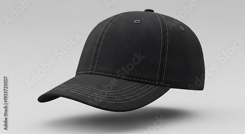 A black baseball cap with a curved brim is floating in mid-air against a plain grey background viewed from the side