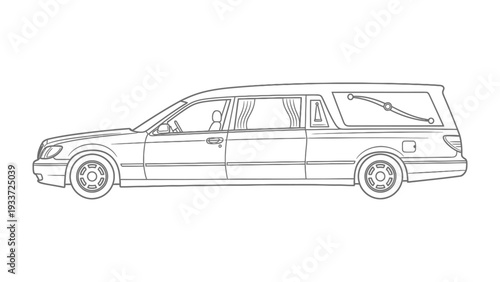 Hearse Illustration: A detailed line drawing of a hearse. This image captures the solemnity and finality associated with the vehicle.