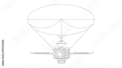 Spacecraft and Balloon Illustration: A detailed illustration of a spacecraft is tethered to a large balloon. A symbol of technological and scientific progress in the vastness of space.