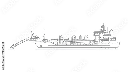 Marine Engineering Marvel: A detailed illustration of a cutter suction dredge, showcasing its intricate machinery and robust design. This vessel exemplifies maritime and engineering prowess.