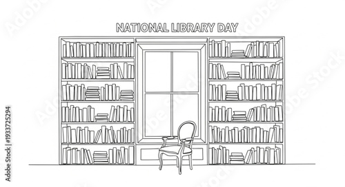 Woman Standing in Library with Bookshelves.