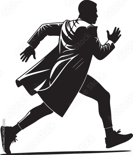 Dynamic silhouette of a determined man in a flowing coat, captured mid-stride during an urgent run, symbolizing speed, pursuit, and forward momentum