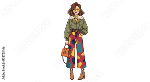 Woman Wearing Colorful Skirt and Jacket.