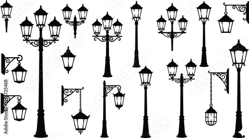 Vintage street lamp silhouettes collection, classic lantern and lamppost icons isolated on white background, decorative outdoor lighting set for urban design projects