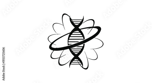 Abstract representation of DNA helix with orbiting elements, symbolizing science and discovery.