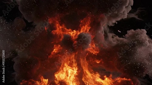 Fiery explosion blast with bright light and smoke on black background, dynamic energy burst.