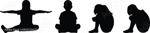 Black silhouettes of children sitting and stretching, group of boys and girls in yoga poses isolated on white background,
