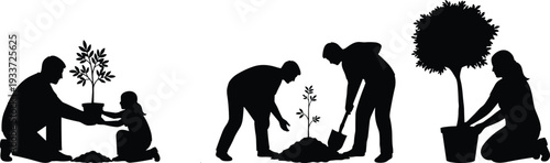 Black silhouettes of people planting trees and gardening, family and volunteers working with plants and shovels isolated on white background,