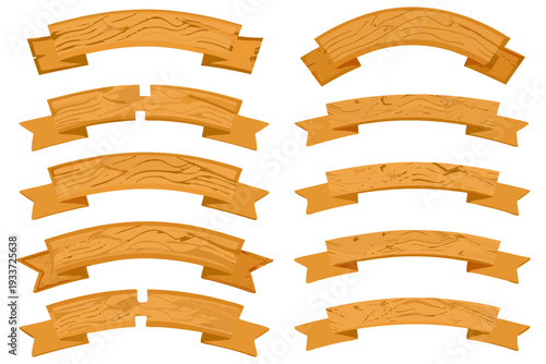 Cartoon wooden ribbon sign pack, 12 unique board shapes, curved horizontal planks, engraved wood patterns, soft shadows, polished wood finish, flat vector art style, white background, high detail.