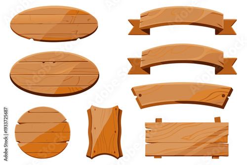 Cartoon wooden sign boards set, various shapes, wood grain texture, white background, game UI style, vector illustration