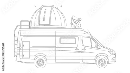Mobile Observatory: A detailed line art illustration of a mobile observatory van equipped with a dome, satellite dish, and ladder, perfectly captures the fusion of science and mobility.
