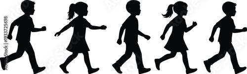 Black silhouettes of happy children running and walking in a row, group of boys and girls isolated on white background,