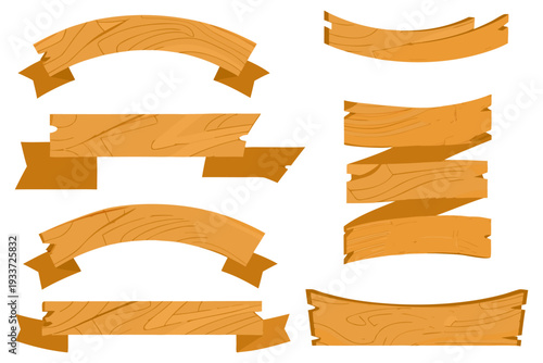 Minimal wooden ribbon signs, layered boards, soft orange wood texture, flat style.