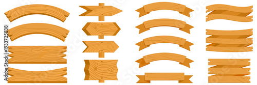 Hand-drawn wooden signboards, curved planks, light brown grain, clean vector style.