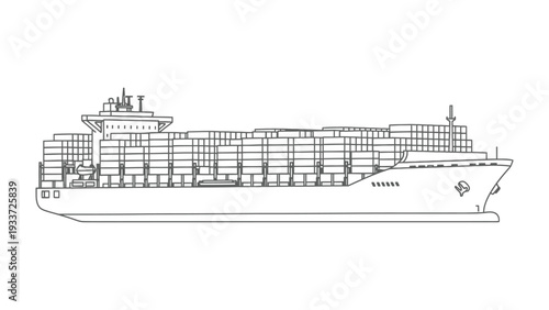Ocean Cargo Carrier: A detailed line drawing of a massive cargo ship, illustrating the scale and structure of global trade and maritime transport. 