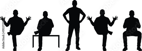 Black Silhouette Set of Diverse Men Sitting on Benches and Standing with Hands on Hips Isolated on Plain White Background