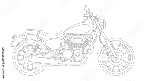 Classic Cruiser Motorcycle Line Art: A detailed line art illustration of a classic cruiser motorcycle, capturing its sleek design and iconic features. 